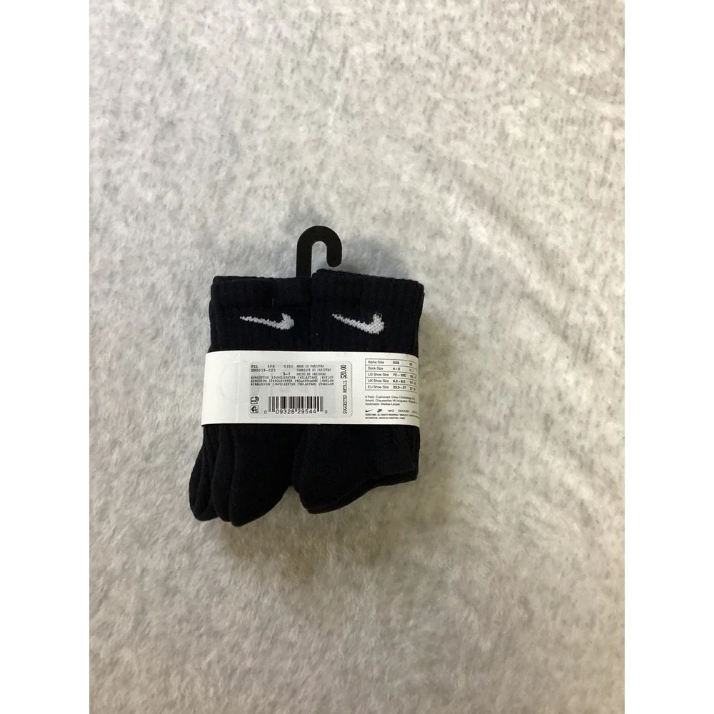 Nike‎ Kids Everyday Cushioned Crew Socks 6 Pack Black Dri-FIT UN0019-023 10c-3y
